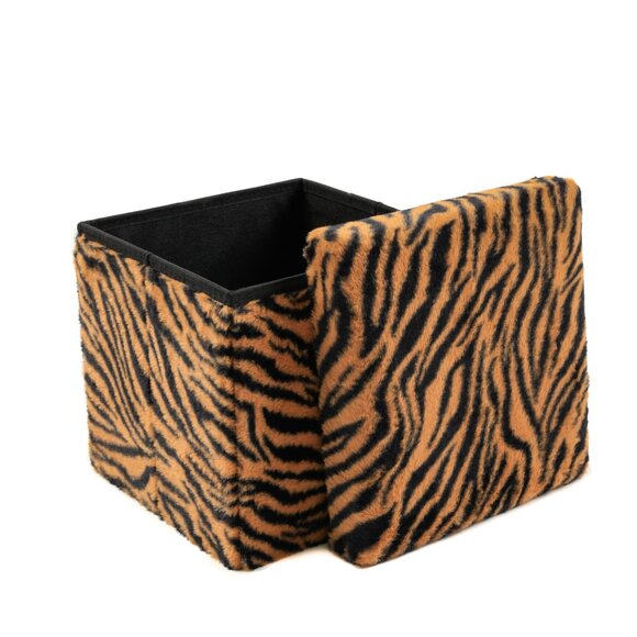 Go-Poufs Knock-Down Small Cube Faux Fur Storage Ottoman | Tiger Tan/White - Picture 2 of 5